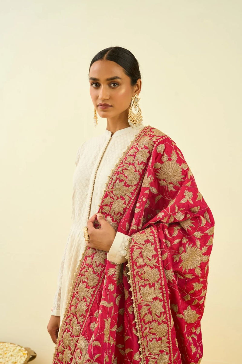 Only Odhni Hotpink Floral Tilla Embroidery silk by SHEETAL BATRA in pink color for women in Singapore