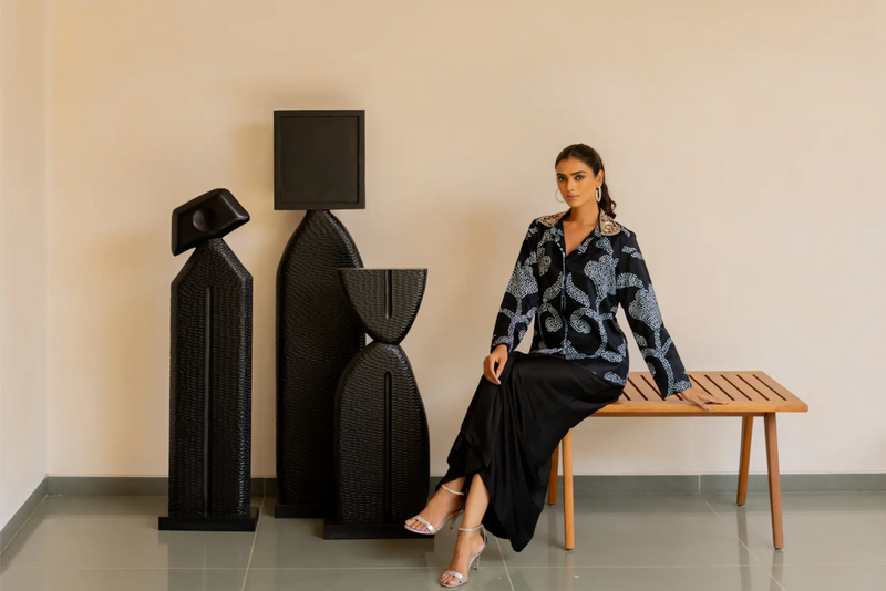 IKEBANA EMB JACKET-BLACK silk by Dyelogue in black color for women in Singapore