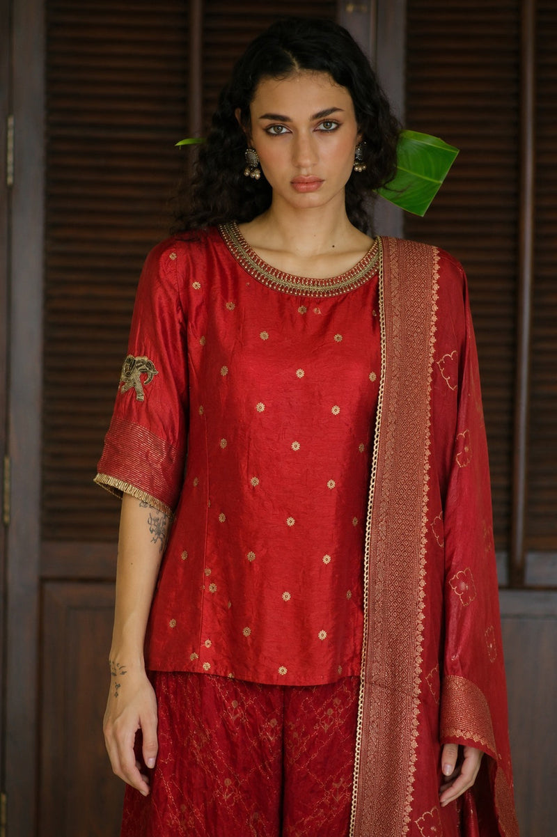 Antara Kurta Set dupion, brocade kurta/kurta set by Myoho in red for women in Singapore