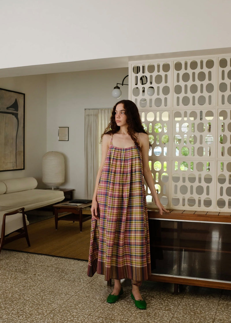 Kyra-Chatai Checks Dress handwoven cotton dress by MASON AND MILL in multi-color for women in Singapore