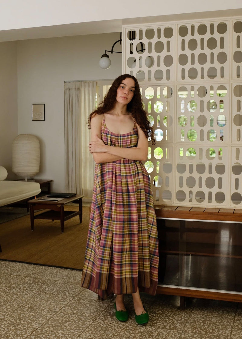 Kyra-Chatai Checks Dress handwoven cotton dress by MASON AND MILL in multi-color for women in Singapore