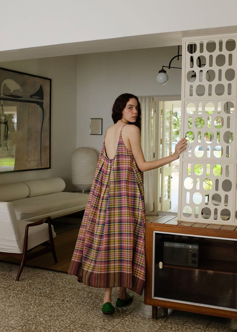 Kyra-Chatai Checks Dress handwoven cotton dress by MASON AND MILL in multi-color for women in Singapore