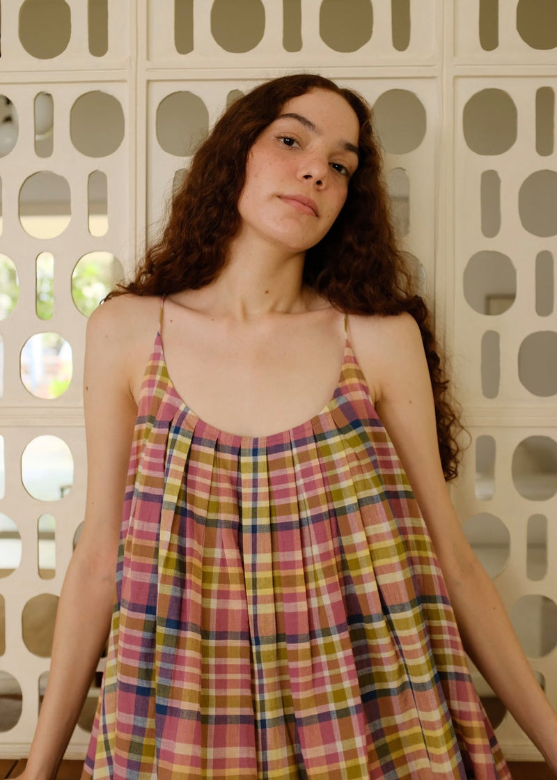 Kyra-Chatai Checks Dress handwoven cotton dress by MASON AND MILL in multi-color for women in Singapore