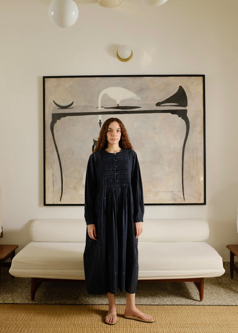 Naomi Dress cotton jamdani dress by MASON AND MILL in blue for women in Singapore