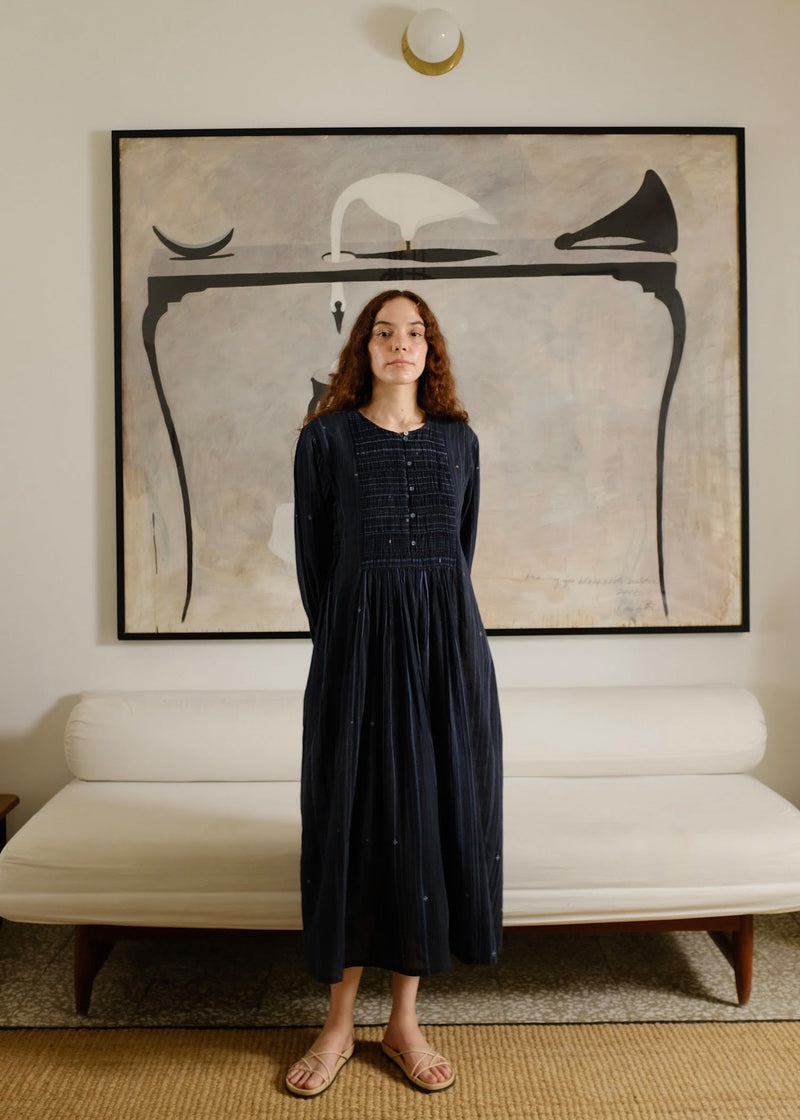Naomi Dress cotton jamdani dress by MASON AND MILL in blue for women in Singapore