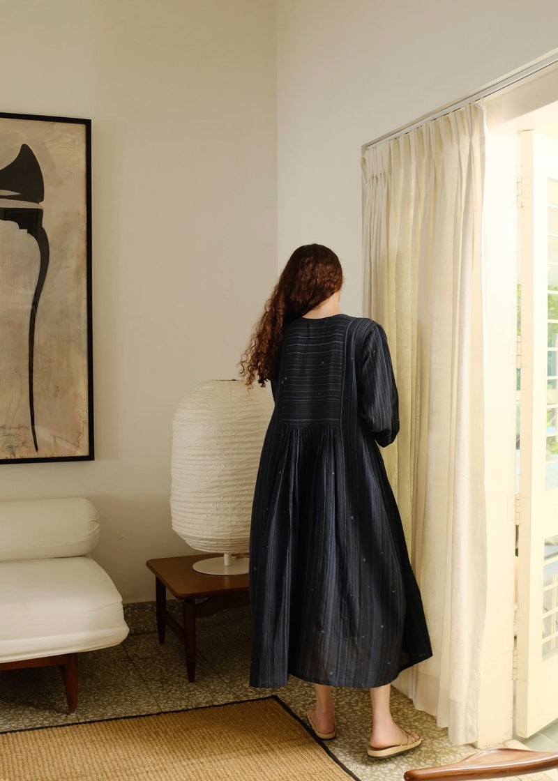 Naomi Dress cotton jamdani dress by MASON AND MILL in blue for women in Singapore