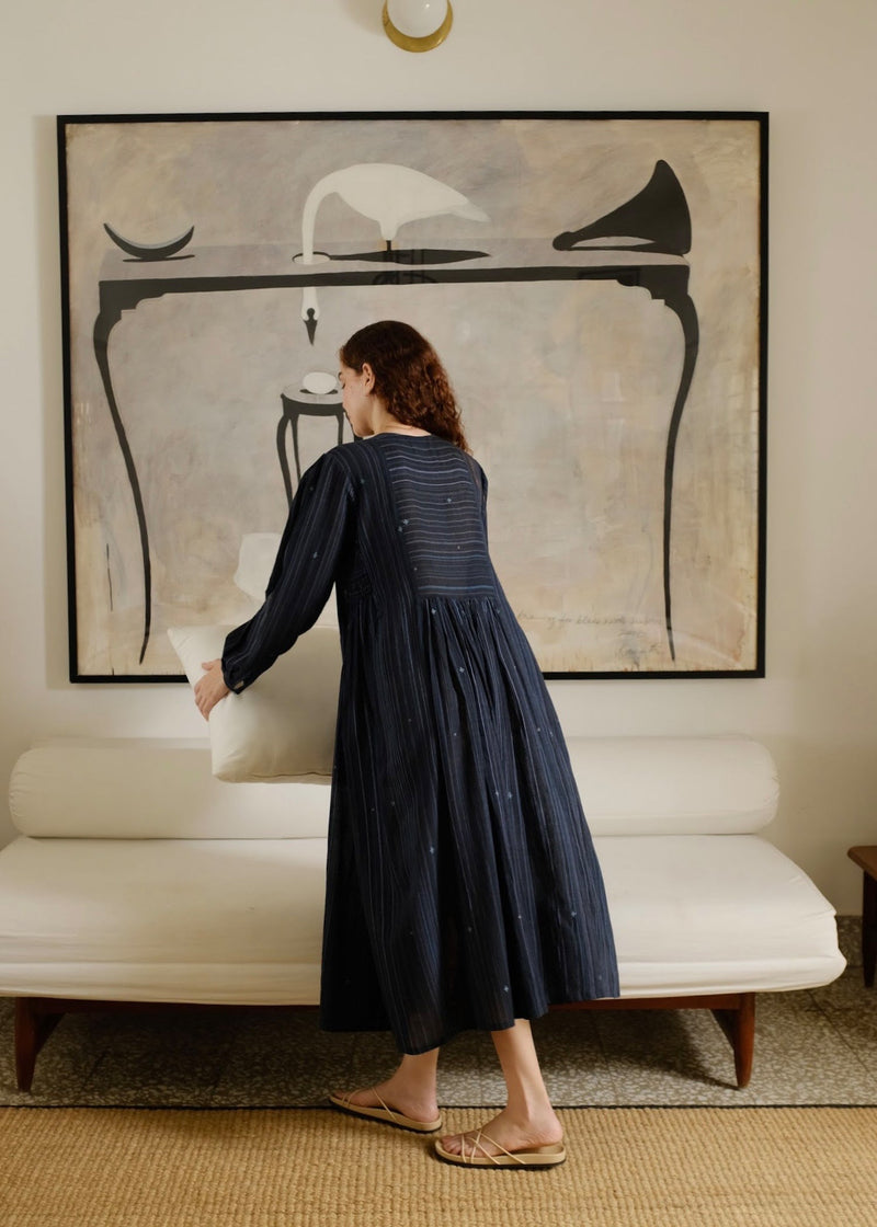 Naomi Dress cotton jamdani dress by MASON AND MILL in blue for women in Singapore