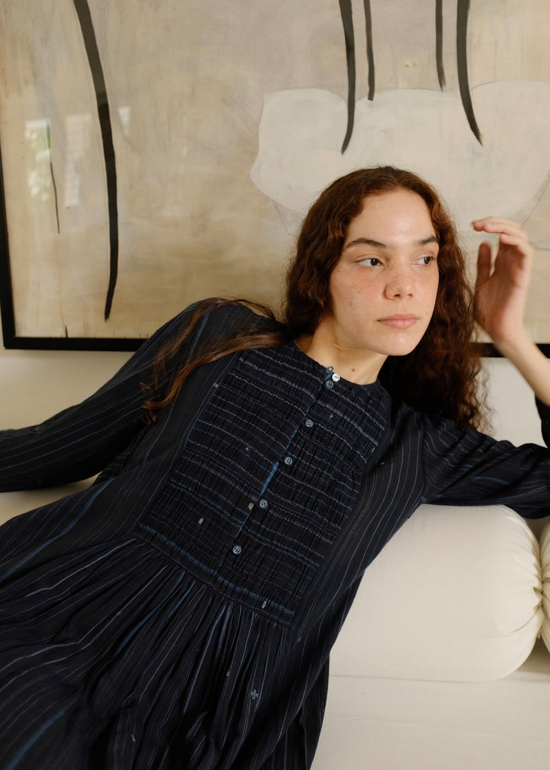 Naomi Dress cotton jamdani dress by MASON AND MILL in blue for women in Singapore
