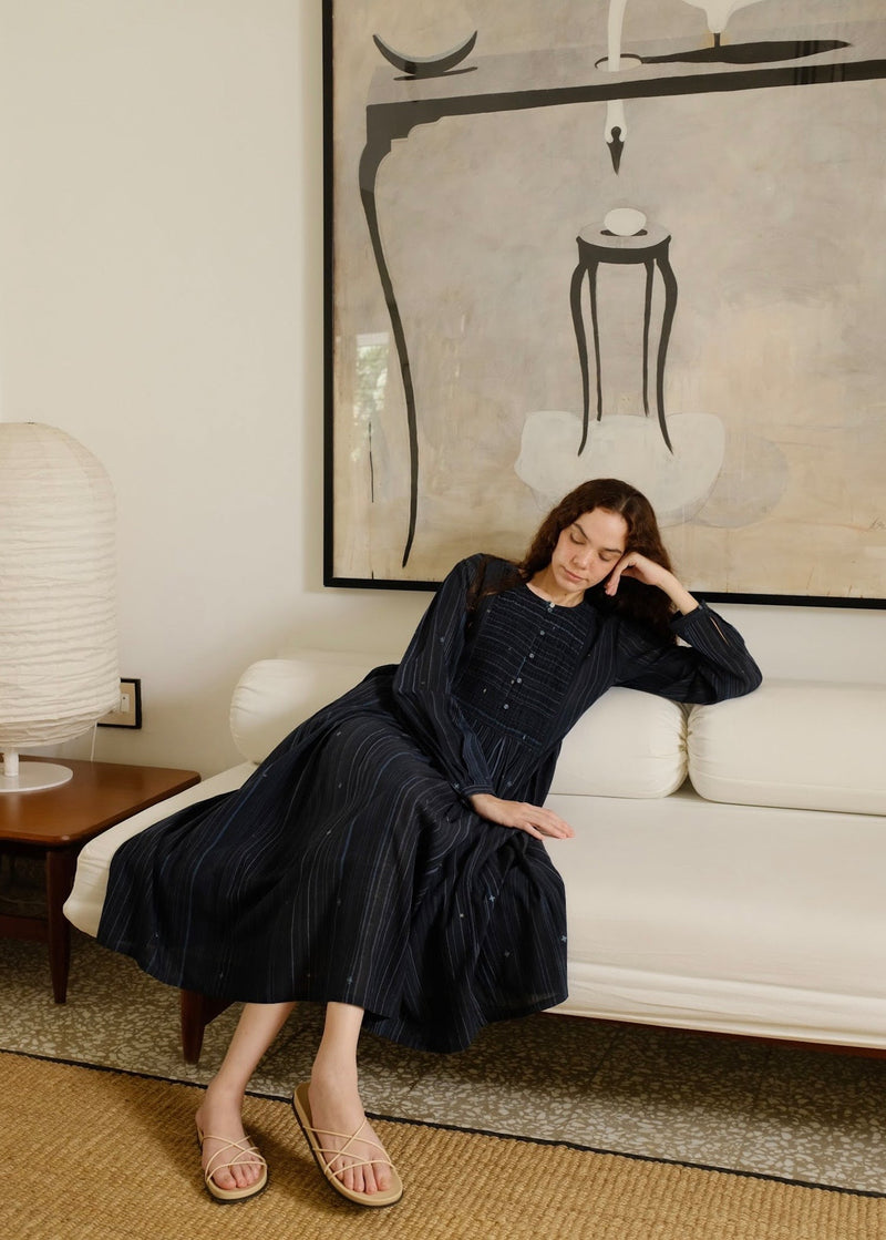 Naomi Dress cotton jamdani dress by MASON AND MILL in blue for women in Singapore