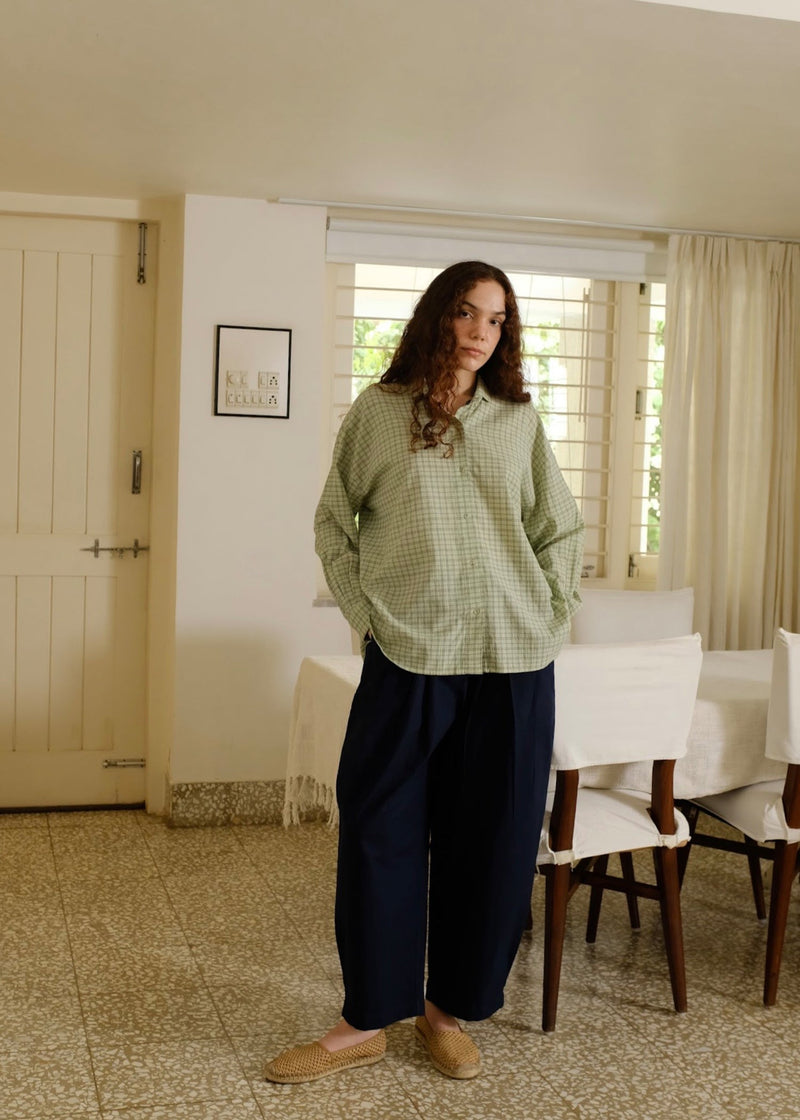 Jules-Smoke Green Checks Shirt handwoven cotton top/shirt by MASON AND MILL in green for women in Singapore