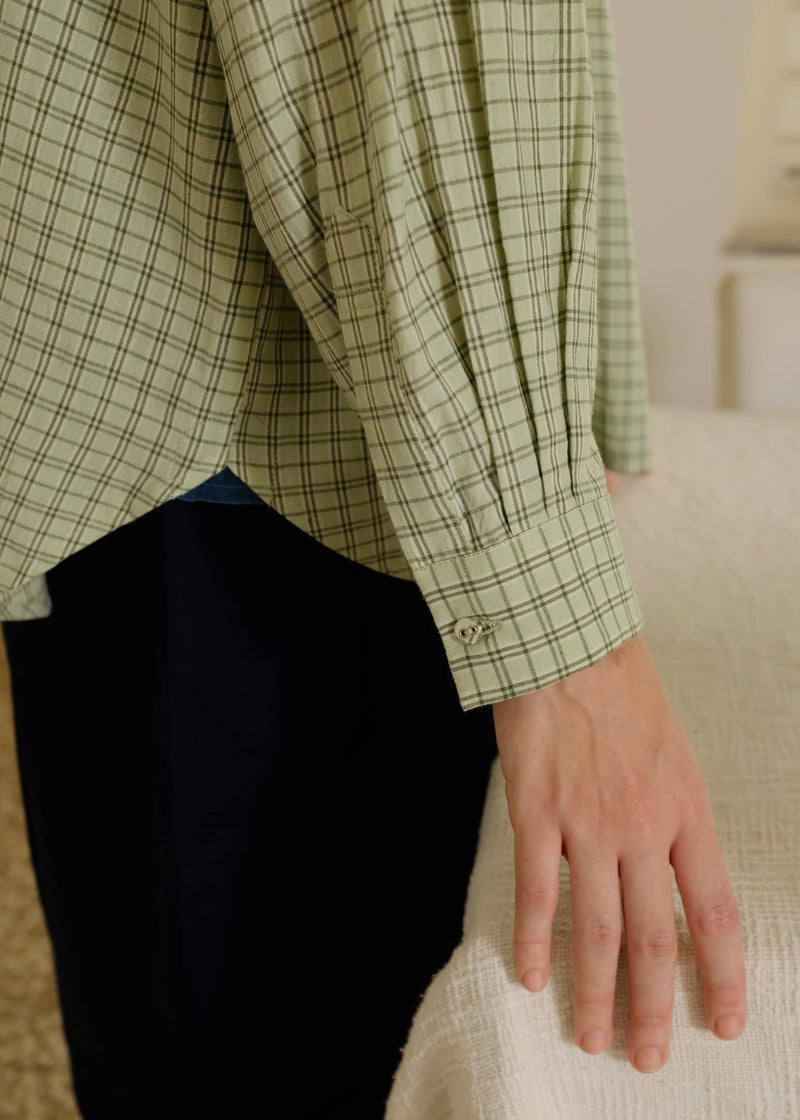 Jules-Smoke Green Checks Shirt handwoven cotton top/shirt by MASON AND MILL in green for women in Singapore