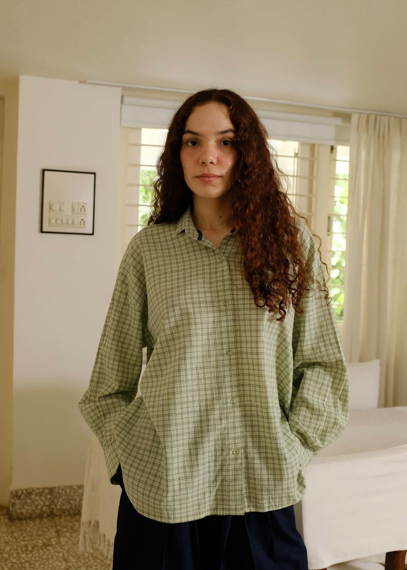 Jules-Smoke Green Checks Shirt handwoven cotton top/shirt by MASON AND MILL in green for women in Singapore