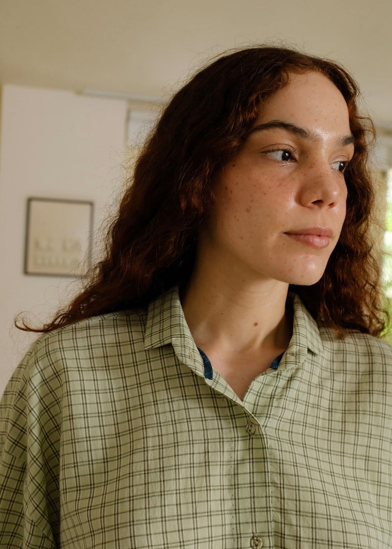Jules-Smoke Green Checks Shirt handwoven cotton top/shirt by MASON AND MILL in green for women in Singapore