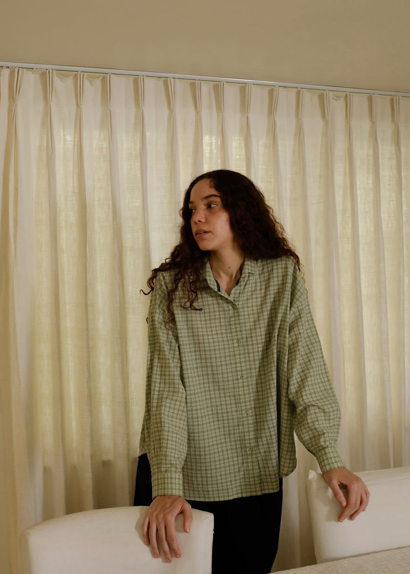 Jules-Smoke Green Checks Shirt handwoven cotton top/shirt by MASON AND MILL in green for women in Singapore