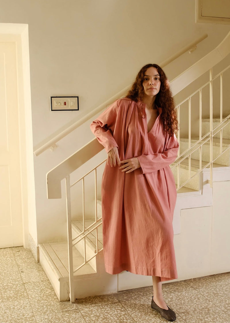 Camille-Peony Dress handwoven cotton dress by MASON AND MILL in pink for women in Singapore