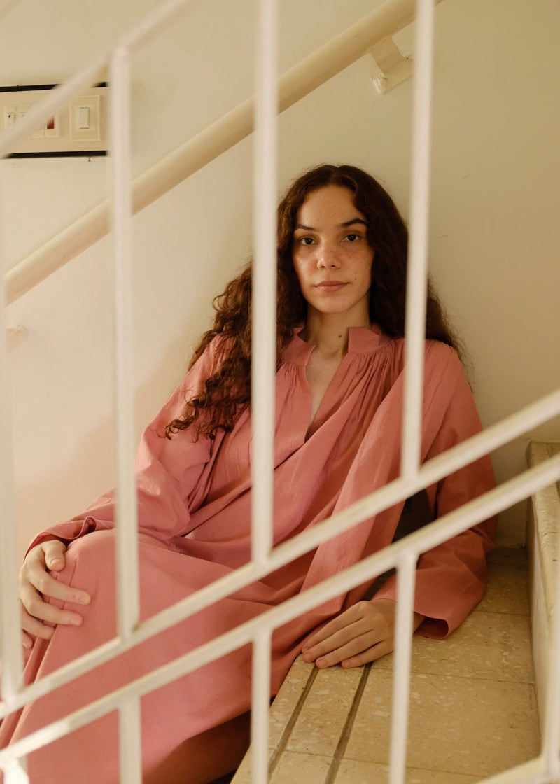 Camille-Peony Dress handwoven cotton dress by MASON AND MILL in pink for women in Singapore