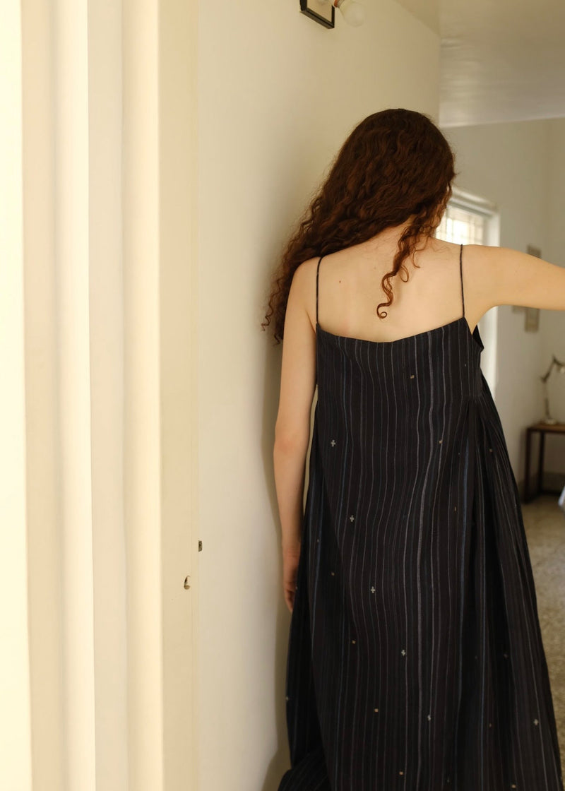 Portia-Midnight Jamdani Dress cotton jamdani dress by MASON AND MILL in blue for women in Singapore