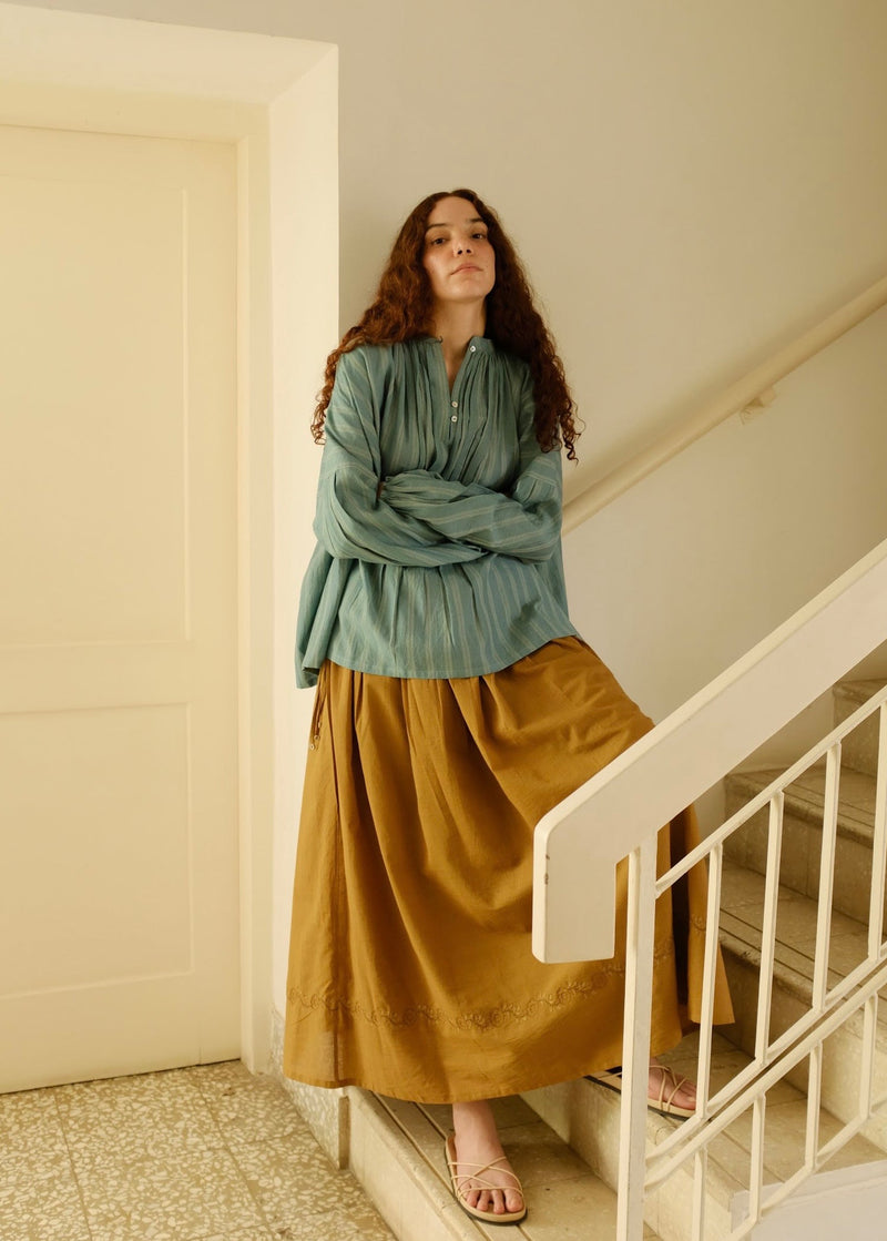 Della Skirt handwoven cotton top/shirt by MASON AND MILL in mustard yellow for women in Singapore