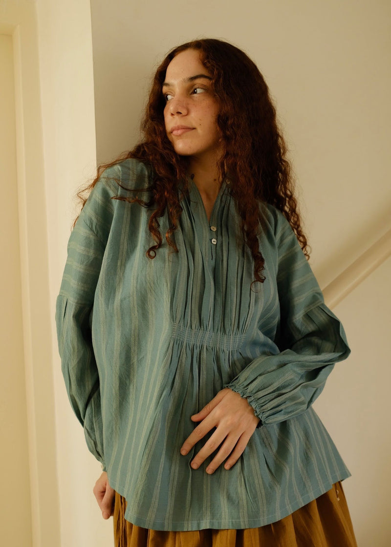 Maria Top cotton silk top/shirt by MASON AND MILL in sea green for women in Singapore