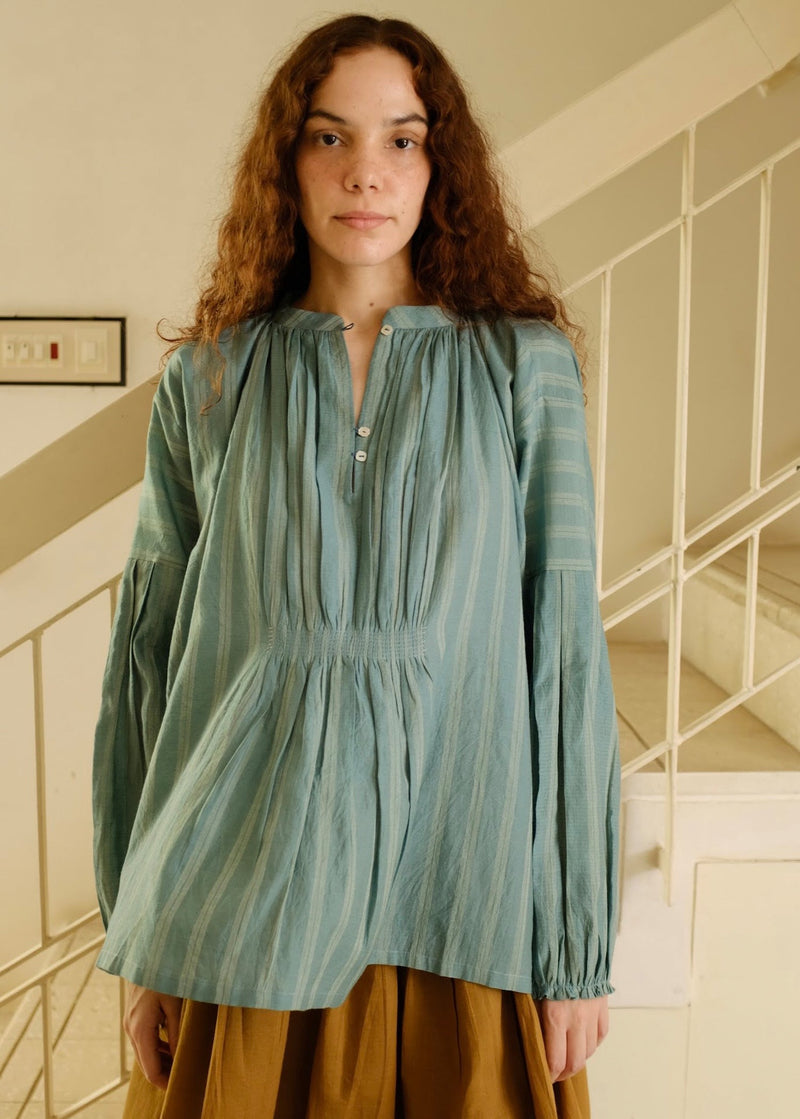 Maria Top cotton silk top/shirt by MASON AND MILL in sea green for women in Singapore