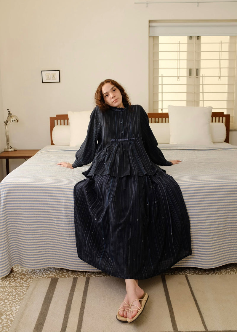 Clara Top cotton jamdani top/shirt by MASON AND MILL in blue for women in Singapore