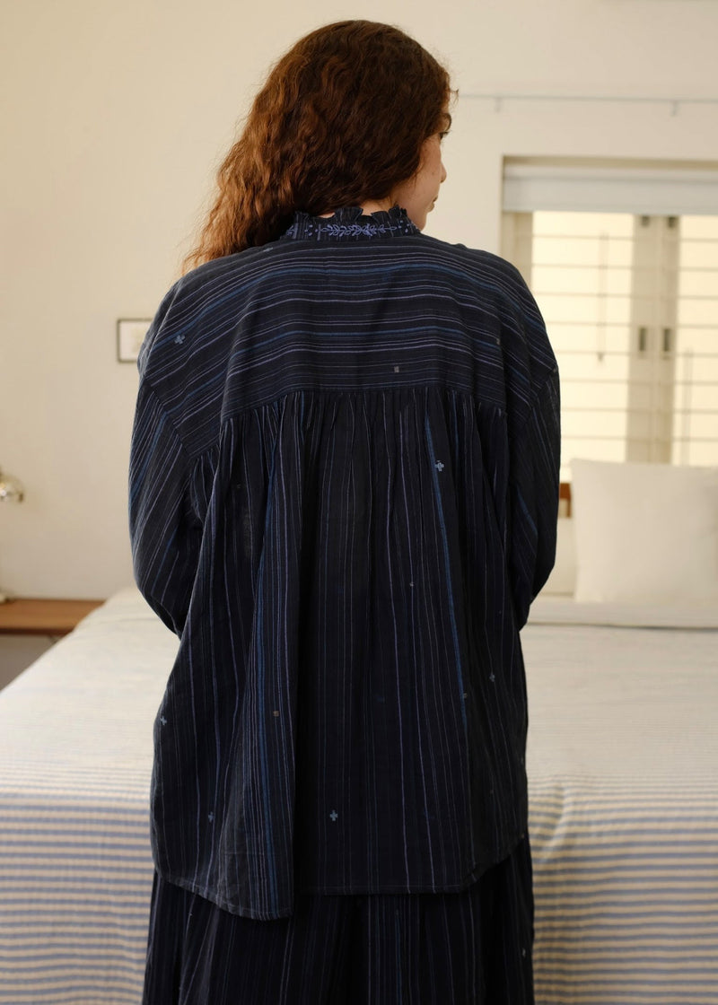 Clara Top cotton jamdani top/shirt by MASON AND MILL in blue for women in Singapore