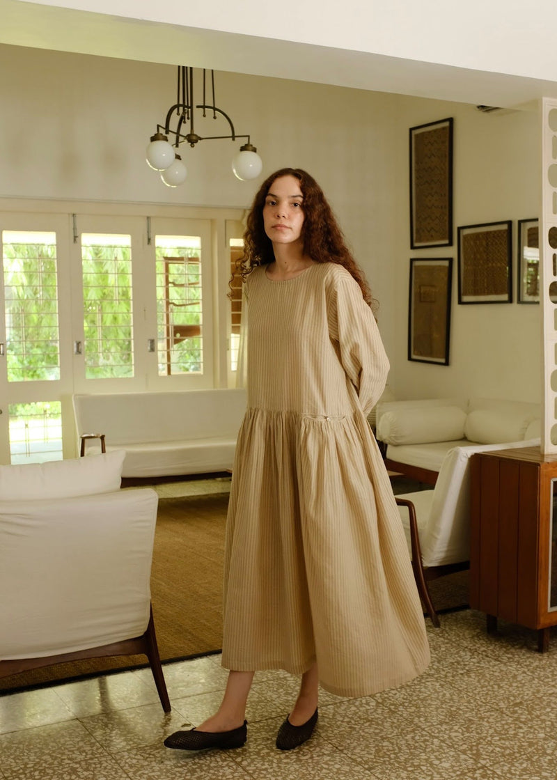 Blake-Sand Dress handwoven cotton dress by MASON AND MILL in beige for women in Singapore