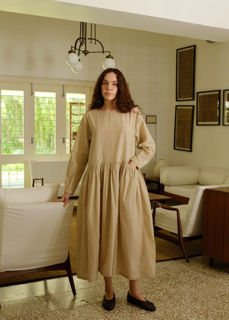 Blake-Sand Dress handwoven cotton dress by MASON AND MILL in beige for women in Singapore