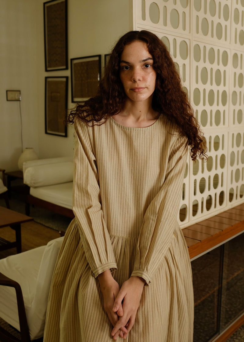Blake-Sand Dress handwoven cotton dress by MASON AND MILL in beige for women in Singapore