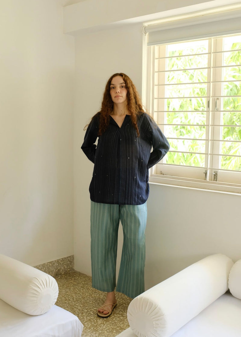 Maya-Midnight Jamdani Top cotton jamdani top/shirt by MASON AND MILL in blue for women in Singapore