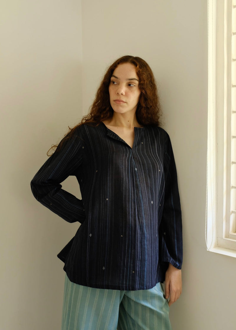 Maya-Midnight Jamdani Top cotton jamdani top/shirt by MASON AND MILL in blue for women in Singapore