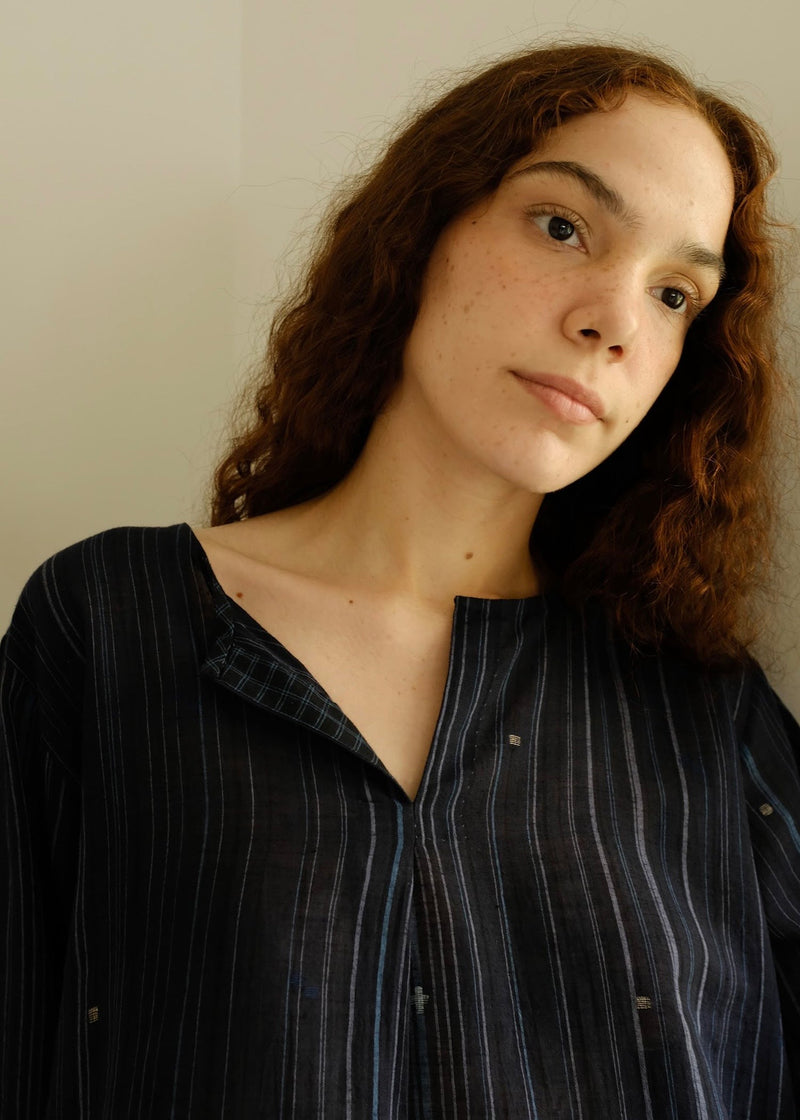 Maya-Midnight Jamdani Top cotton jamdani top/shirt by MASON AND MILL in blue for women in Singapore