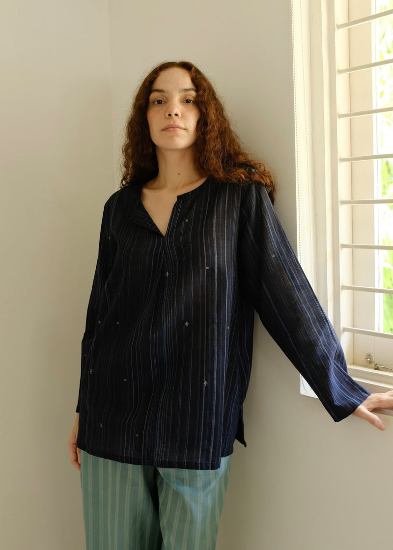 Maya-Midnight Jamdani Top cotton jamdani top/shirt by MASON AND MILL in blue for women in Singapore
