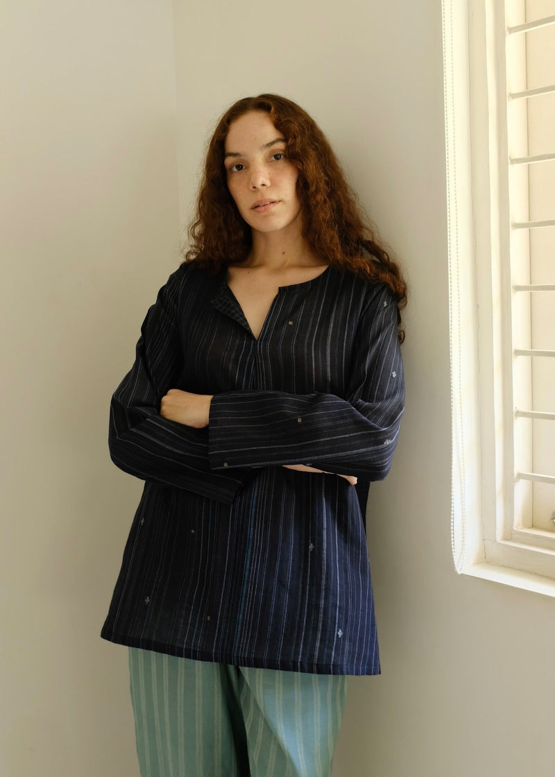 Maya-Midnight Jamdani Top cotton jamdani top/shirt by MASON AND MILL in blue for women in Singapore
