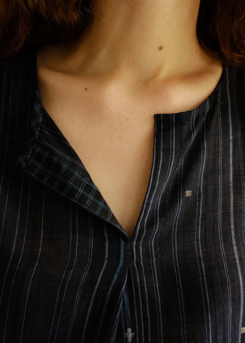 Maya-Midnight Jamdani Top cotton jamdani top/shirt by MASON AND MILL in blue for women in Singapore