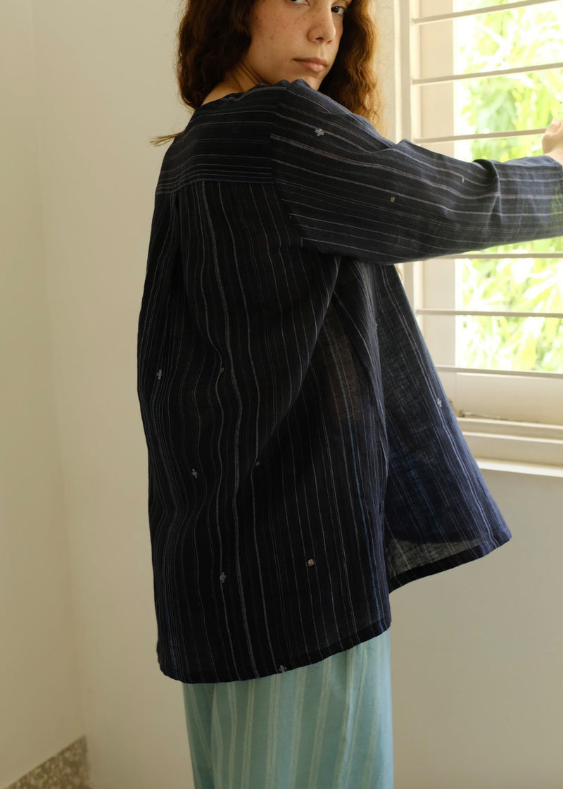 Maya-Midnight Jamdani Top cotton jamdani top/shirt by MASON AND MILL in blue for women in Singapore