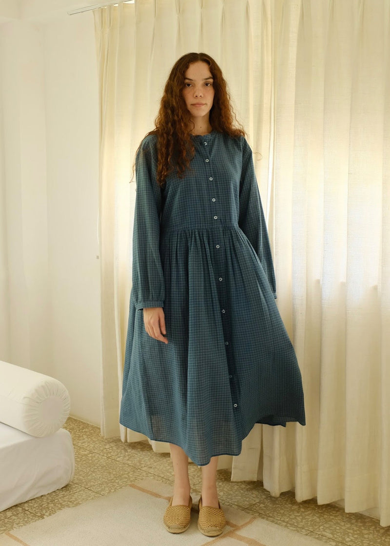 Cynthia-Washed Navy Dress handwoven cotton dress by MASON AND MILL in navy blue for women in Singapore