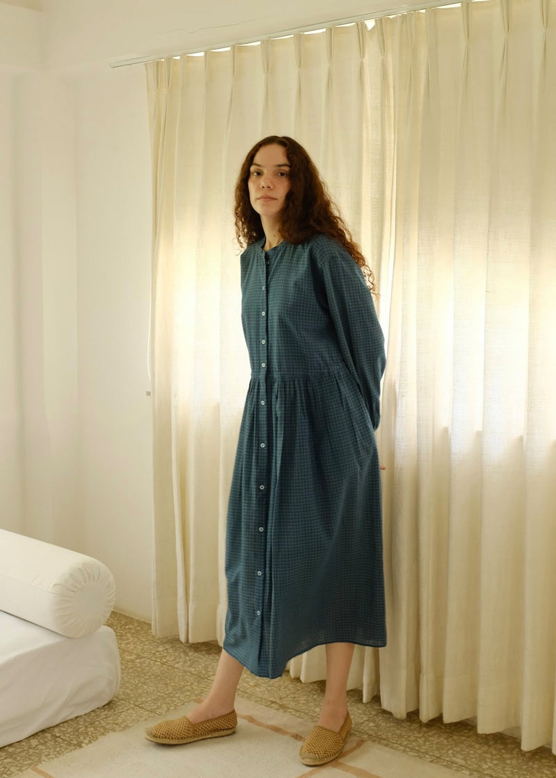 Cynthia-Washed Navy Dress handwoven cotton dress by MASON AND MILL in navy blue for women in Singapore