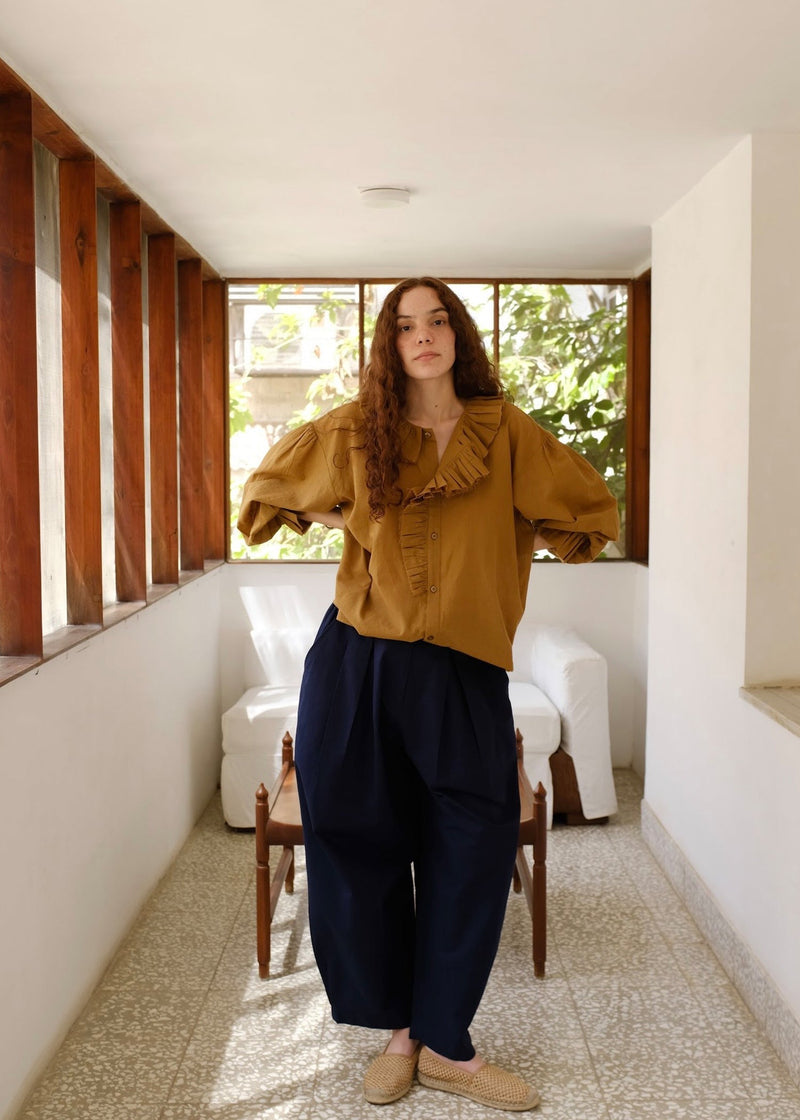 Charlotte-Gold Top handwoven cotton top/shirt by MASON AND MILL in mustard yellow for women in Singapore