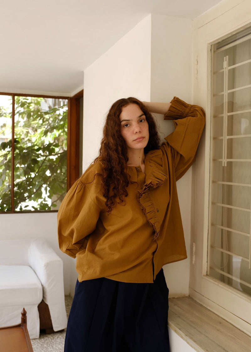Charlotte-Gold Top handwoven cotton top/shirt by MASON AND MILL in mustard yellow for women in Singapore