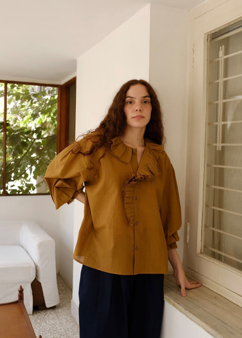Charlotte-Gold Top handwoven cotton top/shirt by MASON AND MILL in mustard yellow for women in Singapore