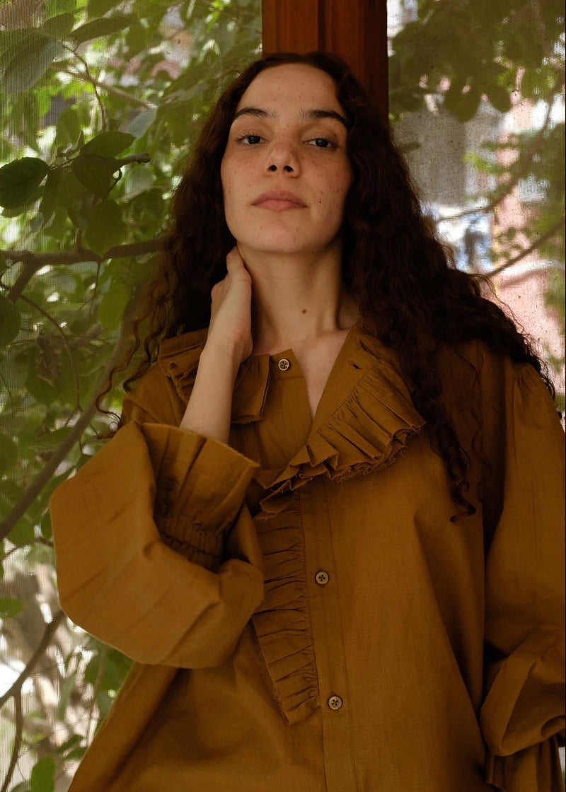 Charlotte-Gold Top handwoven cotton top/shirt by MASON AND MILL in mustard yellow for women in Singapore