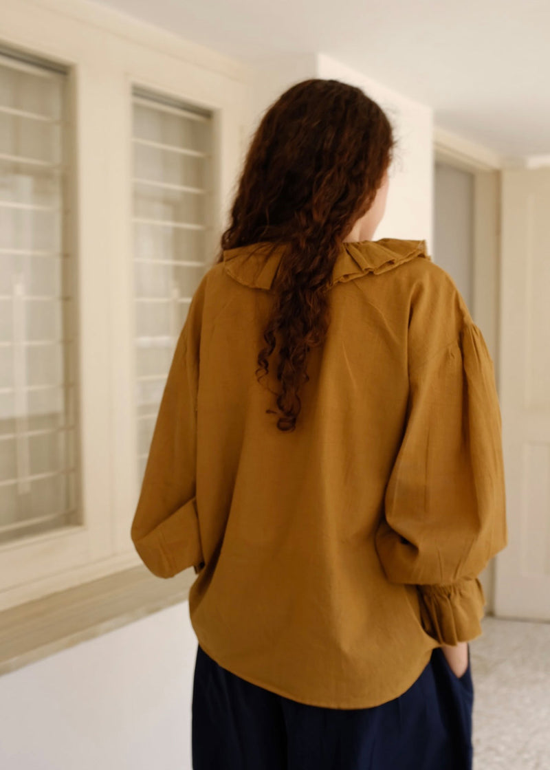 Charlotte-Gold Top handwoven cotton top/shirt by MASON AND MILL in mustard yellow for women in Singapore
