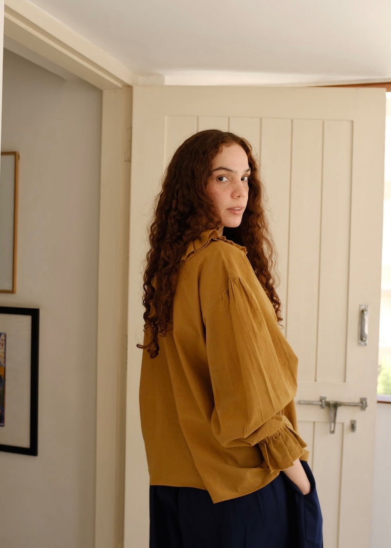 Charlotte-Gold Top handwoven cotton top/shirt by MASON AND MILL in mustard yellow for women in Singapore