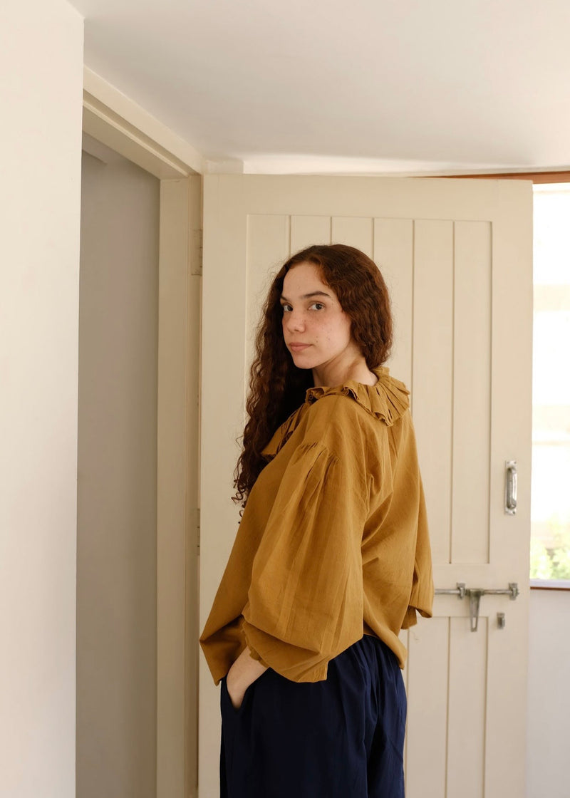 Charlotte-Gold Top handwoven cotton top/shirt by MASON AND MILL in mustard yellow for women in Singapore