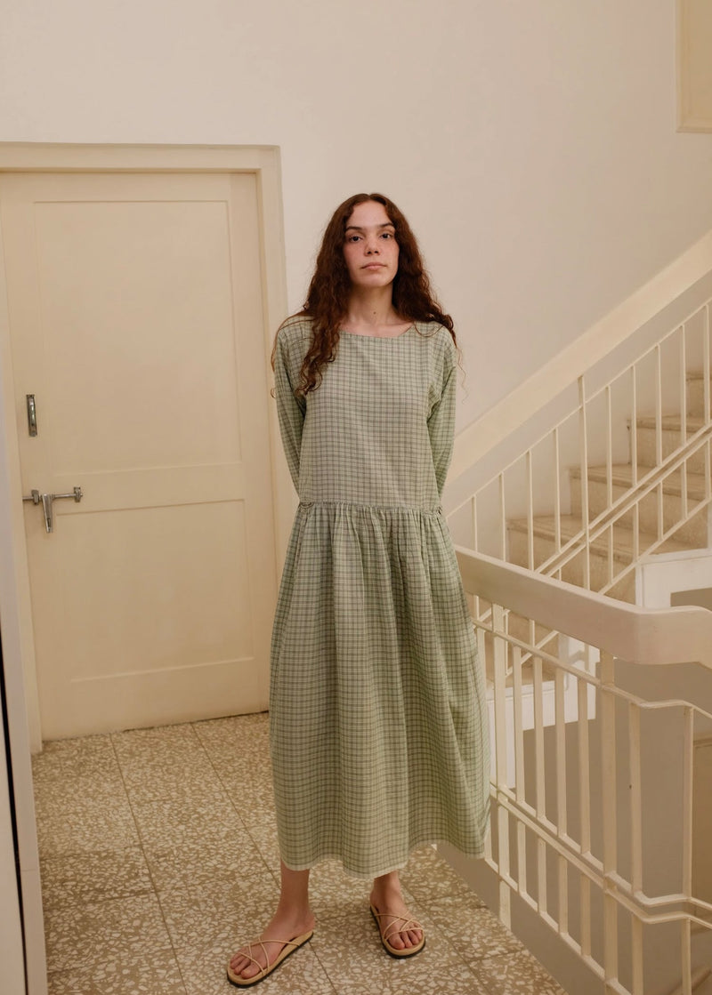 Blake-Smoked Green Checks Dress handwoven cotton dress by MASON AND MILL in green for women in Singapore