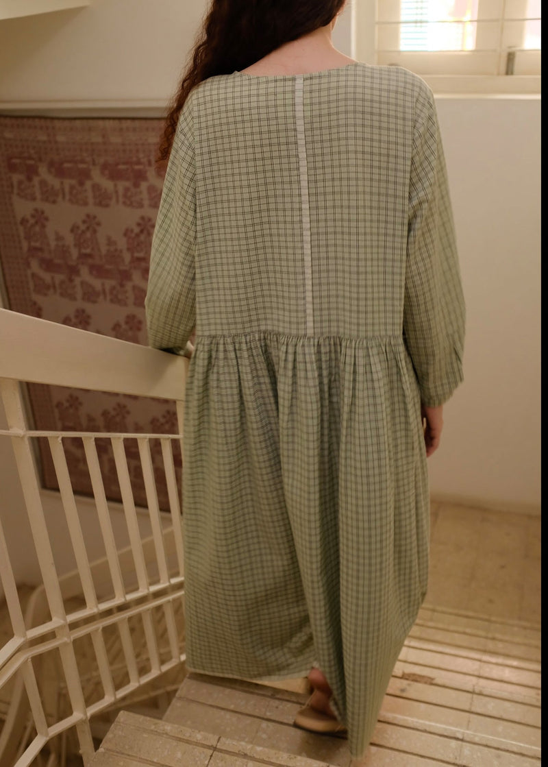 Blake-Smoked Green Checks Dress handwoven cotton dress by MASON AND MILL in green for women in Singapore
