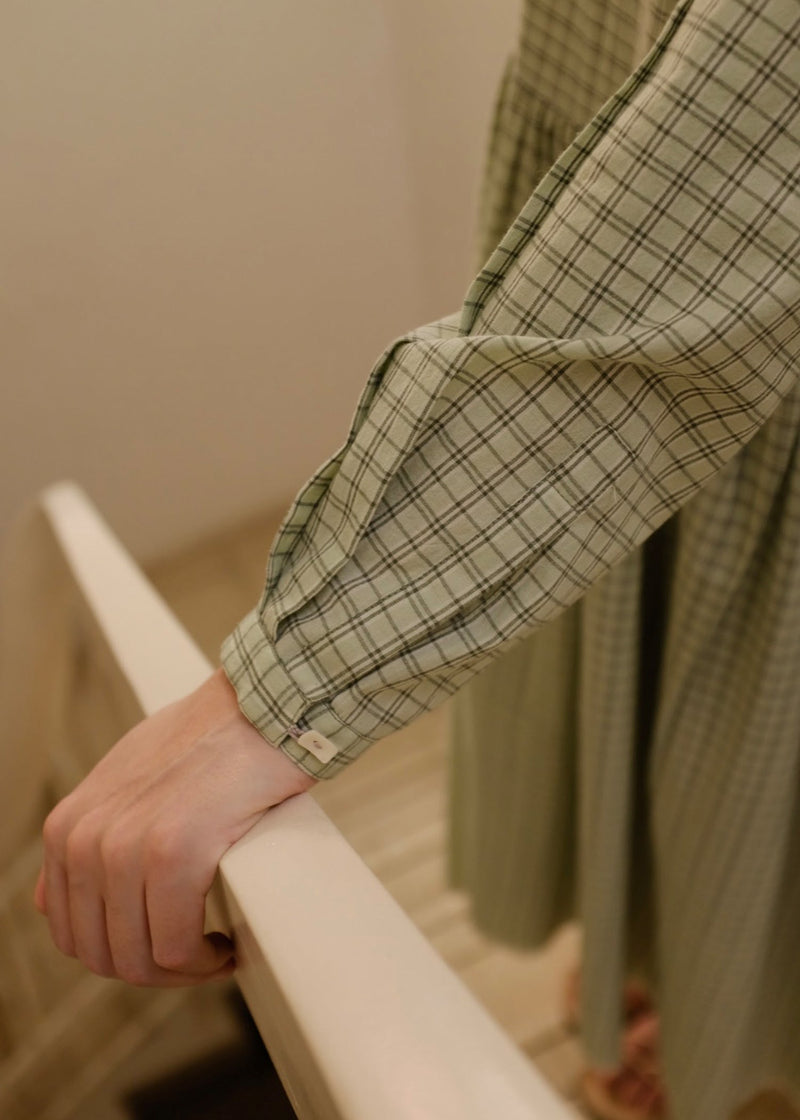Blake-Smoked Green Checks Dress handwoven cotton dress by MASON AND MILL in green for women in Singapore