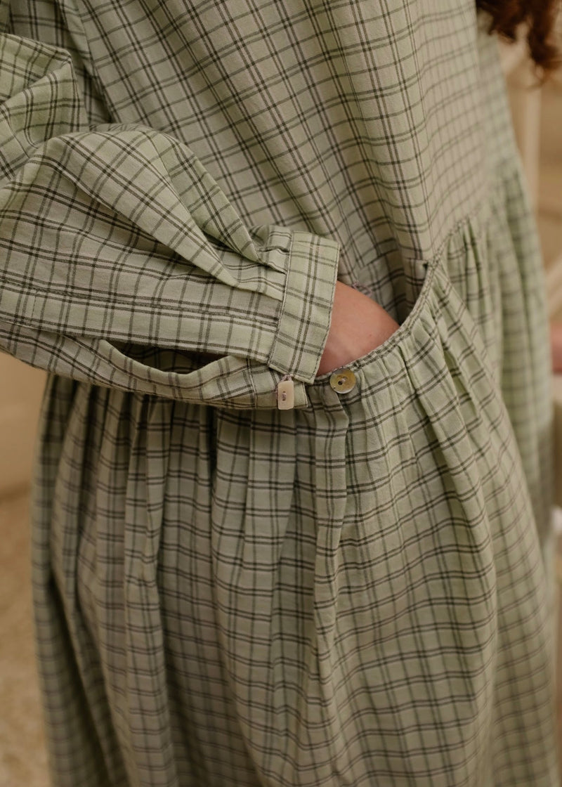Blake-Smoked Green Checks Dress handwoven cotton dress by MASON AND MILL in green for women in Singapore