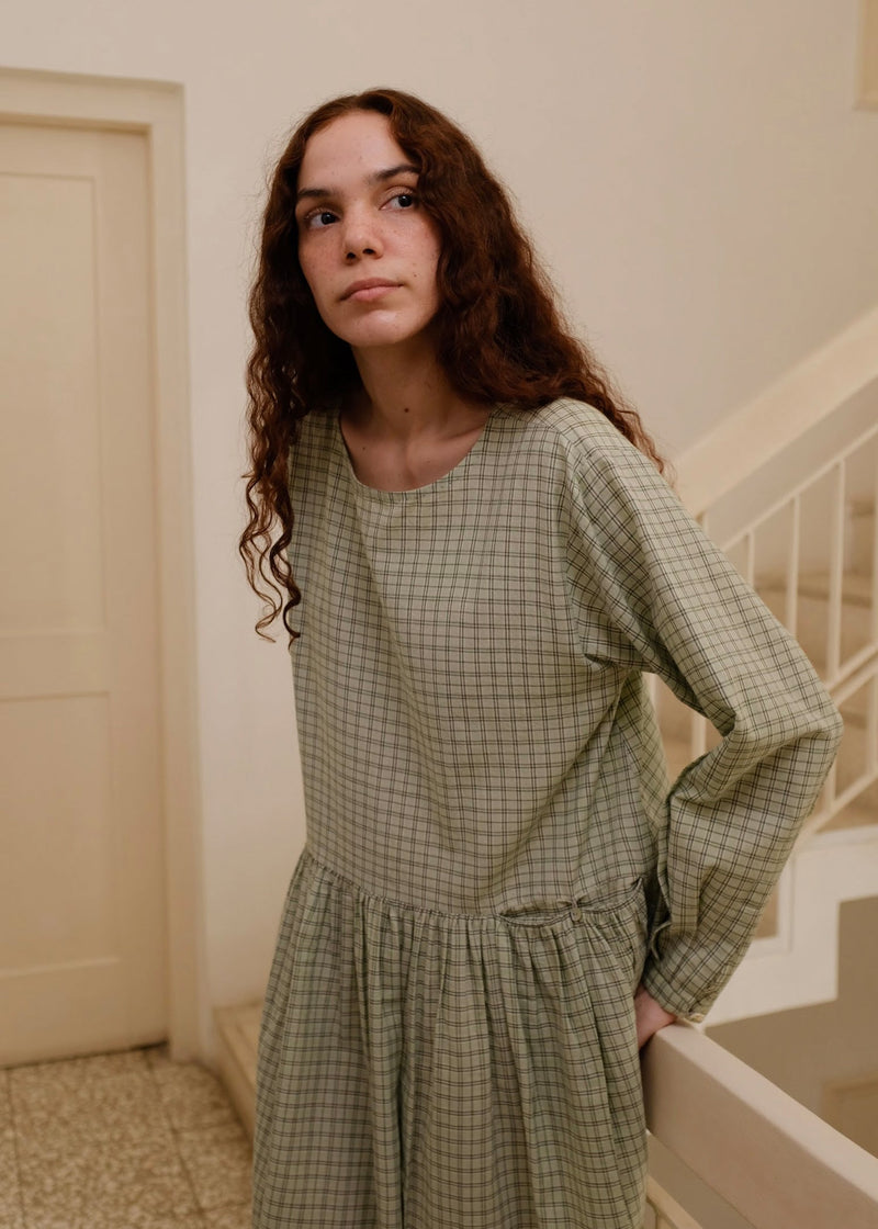 Blake-Smoked Green Checks Dress handwoven cotton dress by MASON AND MILL in green for women in Singapore